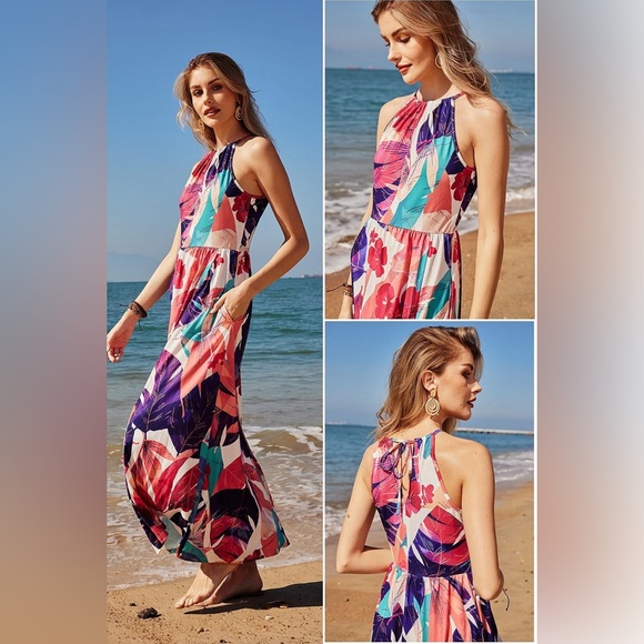 KILIG Summer Maxi Dress Floral Halter Neck Beach Hawaiian - Picture 2 of 5